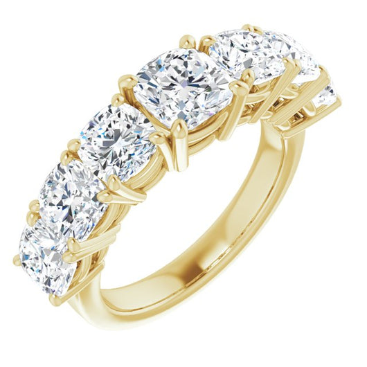 10K Yellow Gold Customizable 7-stone Cushion Cut Design with Large Round-Prong Side Stones