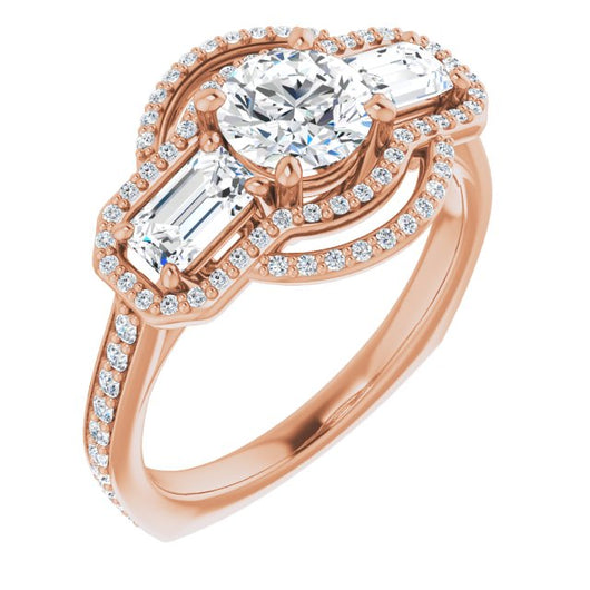 10K Rose Gold Customizable Enhanced 3-stone Style with Round Cut Center, Emerald Cut Accents, Double Halo and Thin Shared Prong Band