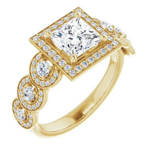 10K Yellow Gold Customizable Cathedral-set Princess/Square Cut 7-stone style Enhanced with 7 Halos