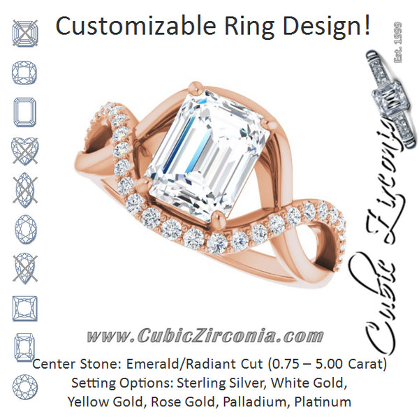 Cubic Zirconia Engagement Ring- The Kwan Lee (Customizable Emerald Cut Design with Semi-Accented Twisting Infinity Bypass Split Band and Half-Halo)