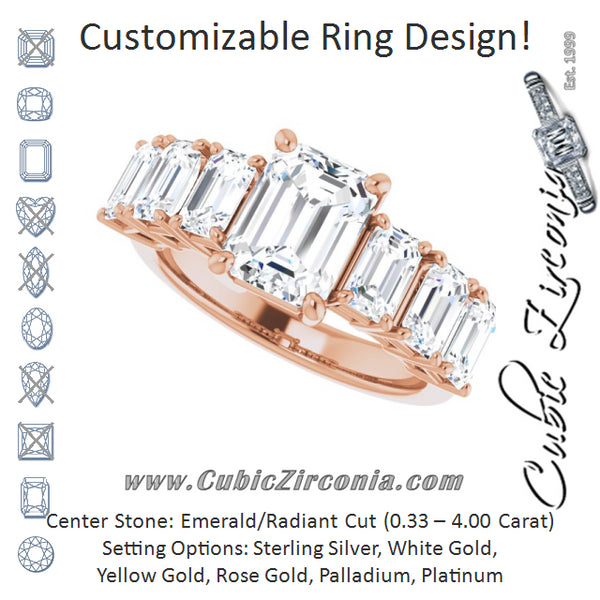 Cubic Zirconia Engagement Ring- The Xiomara (Customizable 7-stone Radiant Cut Design with Large Round-Prong Side Stones)