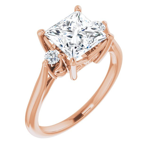 10K Rose Gold Customizable Three-stone Princess/Square Cut Design with Small Round Accents and Vintage Trellis/Basket