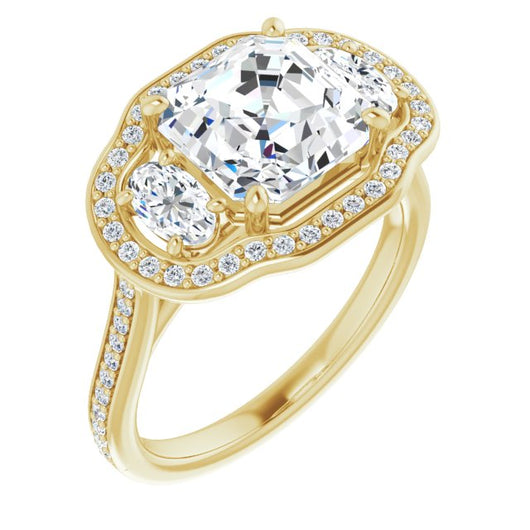 10K Yellow Gold Customizable Asscher Cut Style with Oval Cut Accents, 3-stone Halo & Thin Shared Prong Band