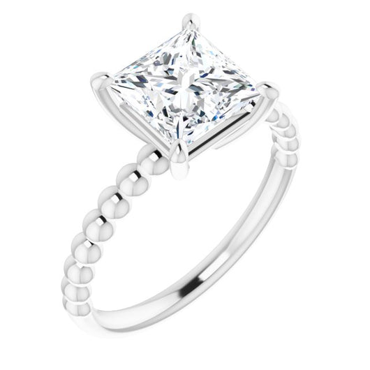 10K White Gold Customizable [[Cut] Cut Solitaire with Thin Beaded-Bubble Band