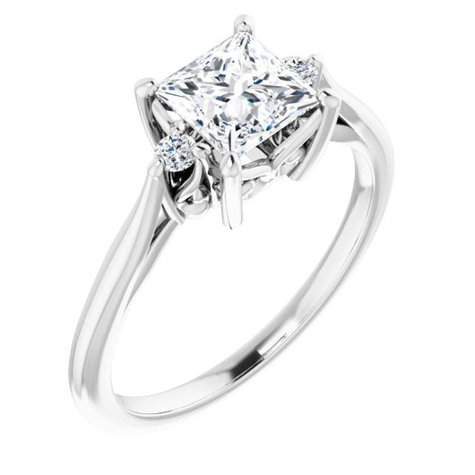 10K White Gold Customizable Three-stone Princess/Square Cut Design with Small Round Accents and Vintage Trellis/Basket