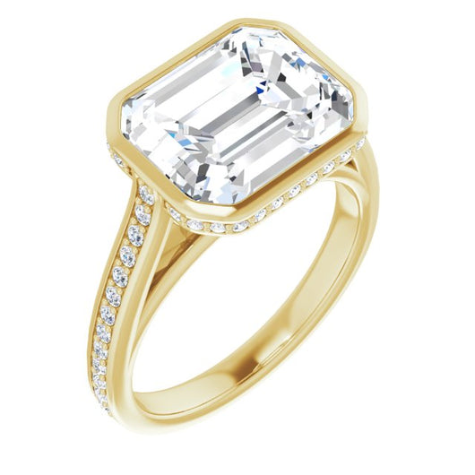 10K Yellow Gold Customizable Cathedral-Bezel Emerald/Radiant Cut Design with Under Halo and Shared Prong Band