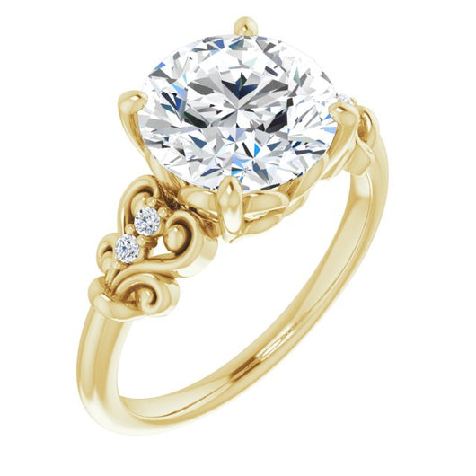 10K Yellow Gold Customizable Vintage 5-stone Design with Round Cut Center and Artistic Band Décor