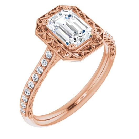 10K Rose Gold Customizable Emerald/Radiant Cut Halo Design with Filigree and Accented Band