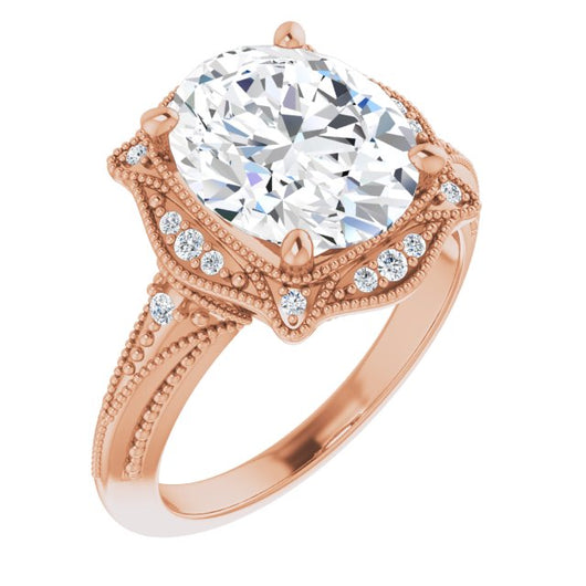 10K Rose Gold Customizable Vintage Oval Cut Design with Beaded Milgrain and Starburst Semi-Halo