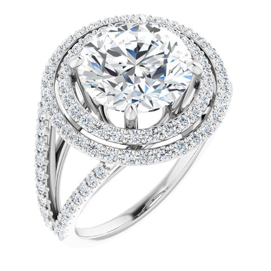 10K White Gold Customizable Round Cut Design with Double Halo and Wide Split-Pavé Band