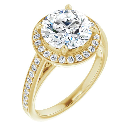 10K Yellow Gold Customizable Round Cut Style with Halo and Sculptural Trellis