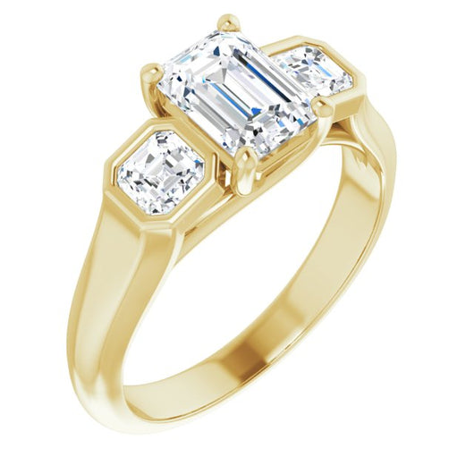 10K Yellow Gold Customizable 3-stone Cathedral Emerald/Radiant Cut Design with Twin Asscher Cut Side Stones