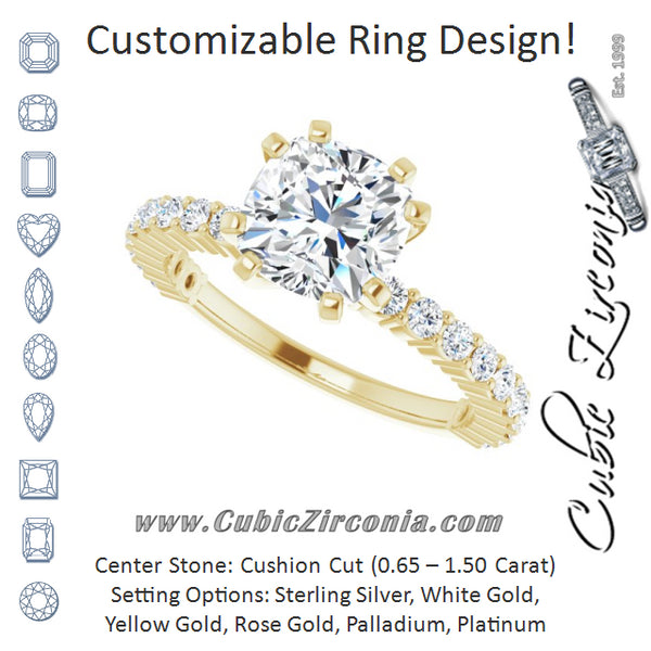 Cubic Zirconia Engagement Ring- The Thea (Customizable 8-prong Cushion Cut Design with Thin, Stackable Pavé Band)