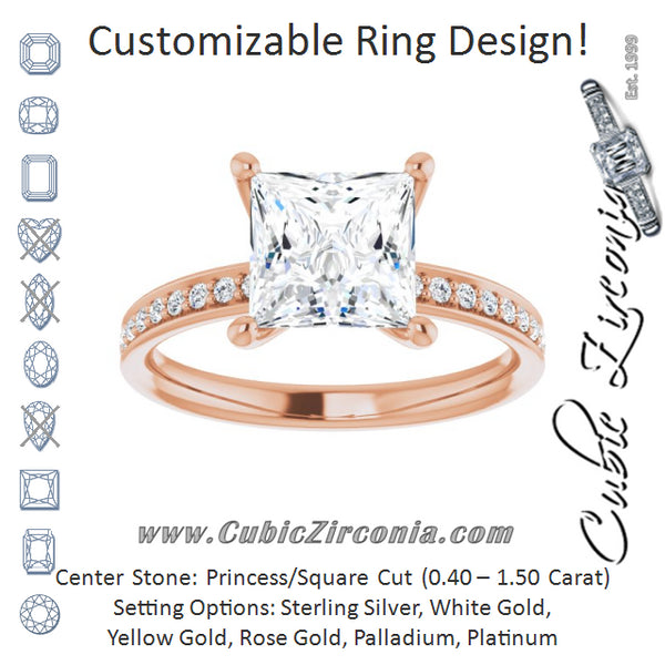 Cubic Zirconia Engagement Ring- The Helena (Customizable Classic Prong-set Princess/Square Cut Design with Shared Prong Band)