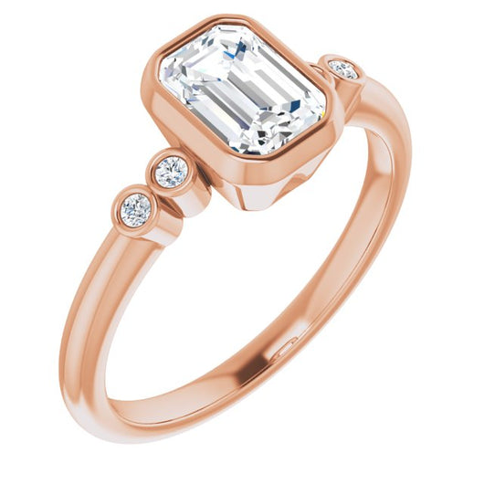 10K Rose Gold Customizable 5-stone Bezel-set Emerald/Radiant Cut Design with Quad Round-Bezel Side Stones