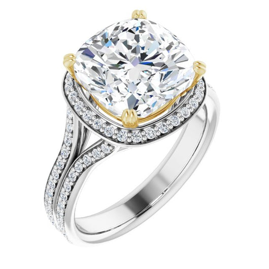 14K White & Yellow Gold Customizable Cathedral-set Cushion Cut Style with Split-Pav? Band