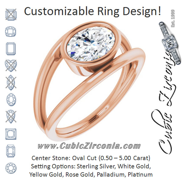 Cubic Zirconia Engagement Ring- The Philomena (Customizable Bezel-set Oval Cut Style with Wide Tapered Split Band)