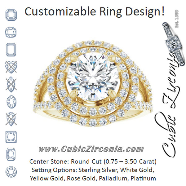 Cubic Zirconia Engagement Ring- The Carly Anne (Customizable Round Cut Design with Double Halo and Wide Split-Pavé Band)