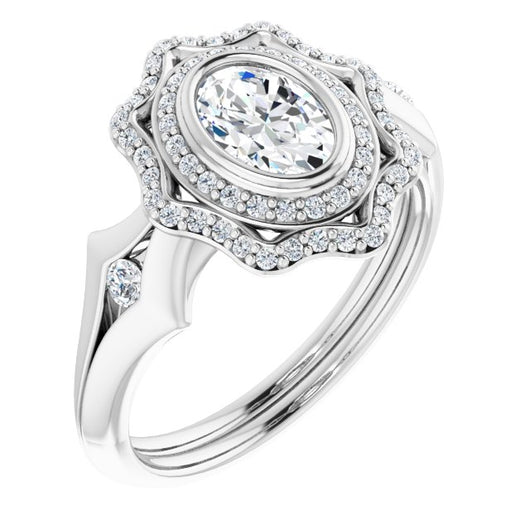 10K White Gold Customizable Cathedral-bezel Oval Cut Design with Floral Double Halo and Channel-Accented Split Band