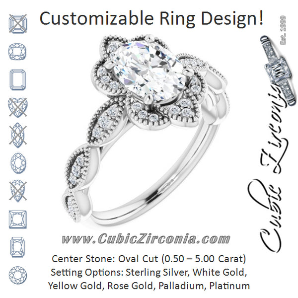 Cubic Zirconia Engagement Ring- The Huá (Customizable Cathedral-style Oval Cut Design with Floral Segmented Halo & Milgrain+Accents Band)