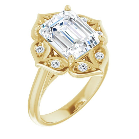 10K Yellow Gold Customizable Cathedral-raised Emerald/Radiant Cut Design with Star Halo & Round-Bezel Peekaboo Accents