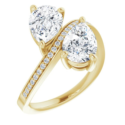 10K Yellow Gold Customizable 2-stone Pear Cut Bypass Design with Thin Twisting Shared Prong Band