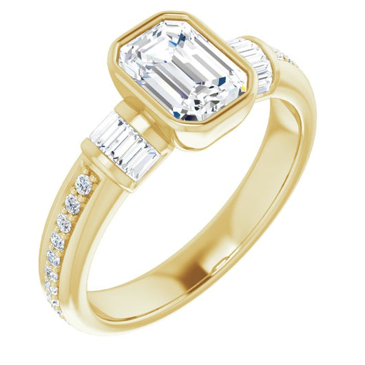 10K Yellow Gold Customizable Cathedral-Bezel Emerald/Radiant Cut Style with Horizontal Baguettes & Shared Prong Band