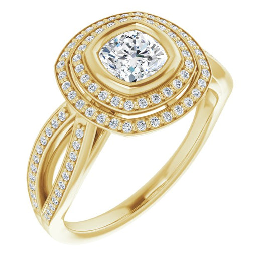 10K Yellow Gold Customizable Bezel-set Cushion Cut Style with Double Halo and Split Shared Prong Band