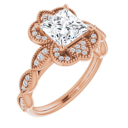 10K Rose Gold Customizable Cathedral-style Princess/Square Cut Design with Floral Segmented Halo & Milgrain+Accents Band