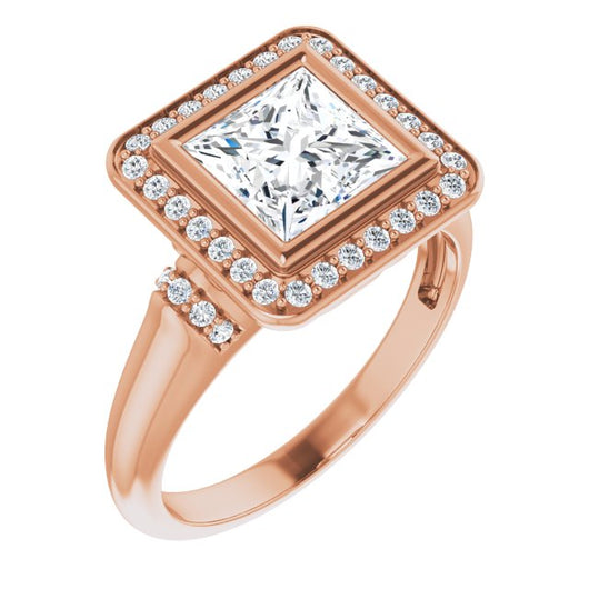 10K Rose Gold Customizable Bezel-set Princess/Square Cut Design with Halo and Vertical Round Channel Accents