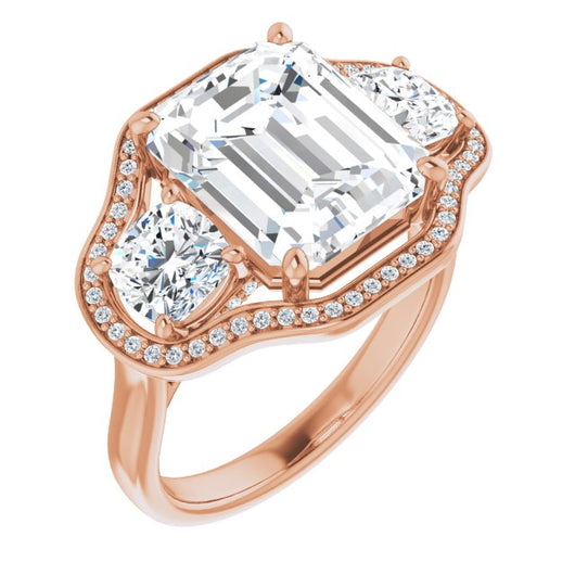 10K Rose Gold Customizable 3-stone Design with Emerald/Radiant Cut Center, Cushion Side Stones, Triple Halo and Bridge Under-halo