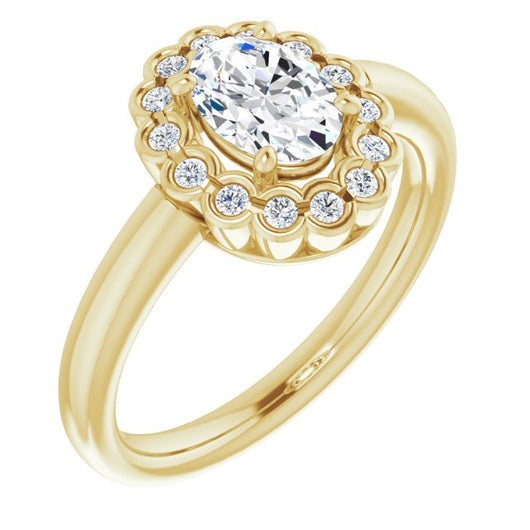 10K Yellow Gold Customizable 13-stone Oval Cut Design with Floral-Halo Round Bezel Accents