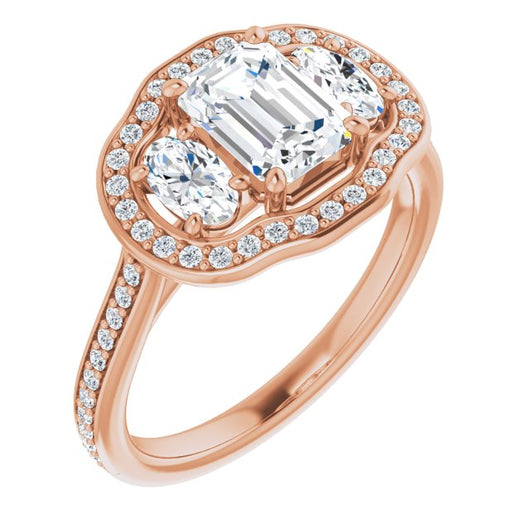 10K Rose Gold Customizable Emerald/Radiant Cut Style with Oval Cut Accents, 3-stone Halo & Thin Shared Prong Band