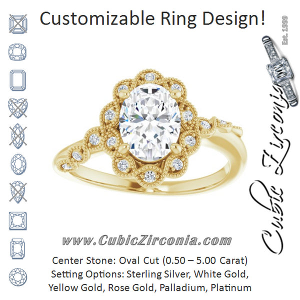 Cubic Zirconia Engagement Ring- The Makayla Belle (Customizable 3-stone Design with Oval Cut Center and Halo Enhancement)