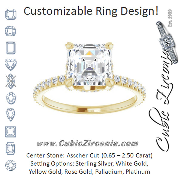 Cubic Zirconia Engagement Ring- The Maleny (Customizable Asscher Cut Design with Round-Accented Band, Micropavé Under-Halo and Decorative Prong Accents))