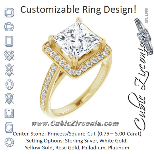 Cubic Zirconia Engagement Ring- The Farrah Michelle (Customizable Princess/Square Cut Style with Halo and Sculptural Trellis)