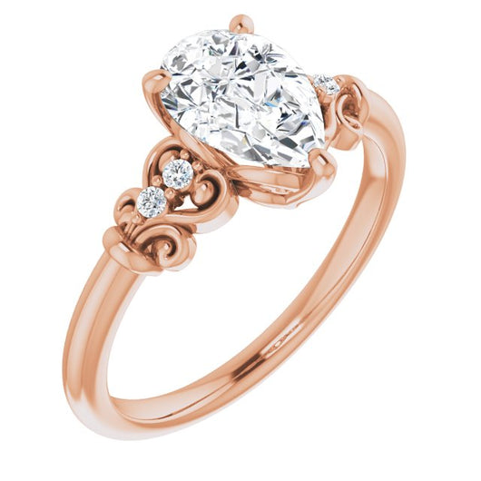 10K Rose Gold Customizable Vintage 5-stone Design with Pear Cut Center and Artistic Band Décor