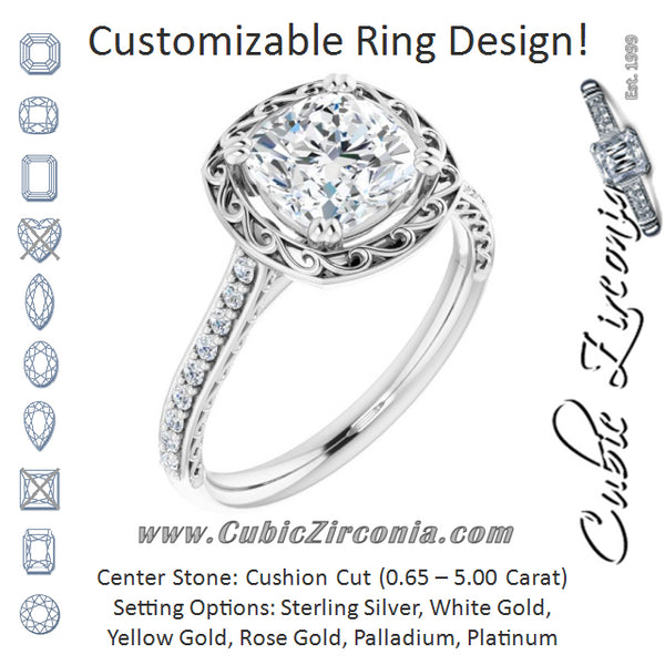 Cubic Zirconia Engagement Ring- The Montserrat  (Customizable Cushion Cut Halo Design with Filigree and Accented Band)