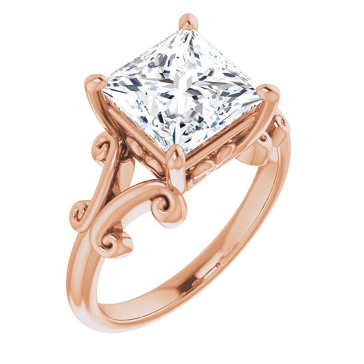 10K Rose Gold Customizable Princess/Square Cut Solitaire with Band Flourish and Decorative Trellis