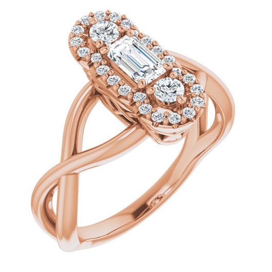 10K Rose Gold Customizable Vertical 3-stone Emerald/Radiant Cut Design Enhanced with Multi-Halo Accents and Twisted Band