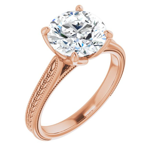 10K Rose Gold Customizable Round Cut Solitaire with Wheat-inspired Band 