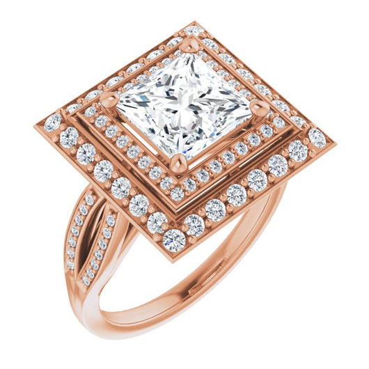 10K Rose Gold Customizable Cathedral-style Princess/Square Cut Design with Double Halo & Split-Pavé Band