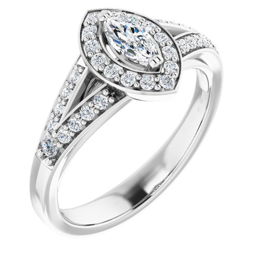 10K White Gold Customizable Cathedral-set Marquise Cut Style with Accented Split Band and Halo