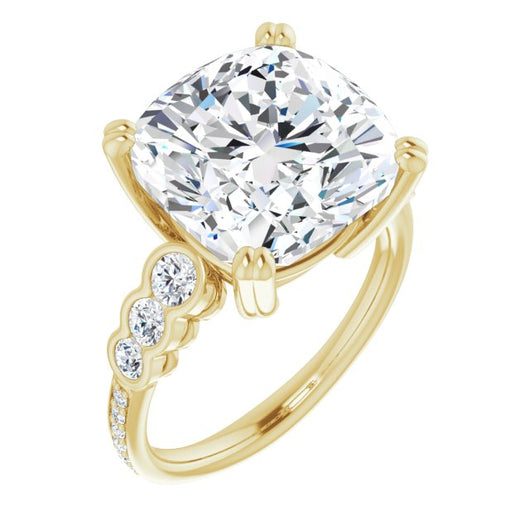 10K Yellow Gold Customizable Cushion Cut 7-stone Style Enhanced with Bezel Accents and Shared Prong Band