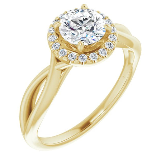 10K Yellow Gold Customizable Cathedral-Halo Round Cut Design with Twisting Split Band