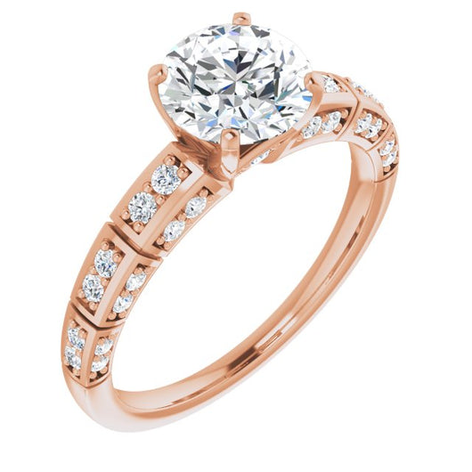 10K Rose Gold Customizable Round Cut Style with Three-sided, Segmented Shared Prong Band