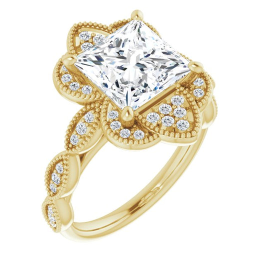 10K Yellow Gold Customizable Cathedral-style Princess/Square Cut Design with Floral Segmented Halo & Milgrain+Accents Band