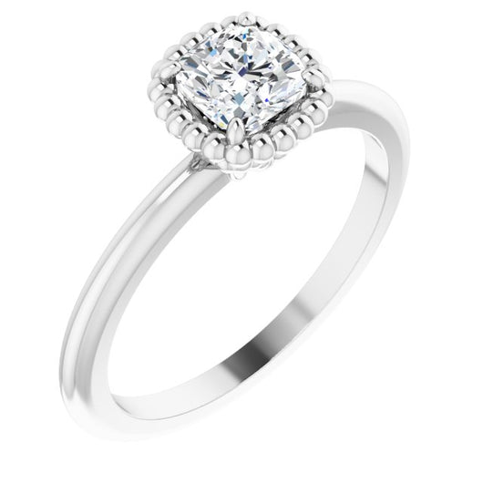 10K White Gold Customizable Cushion Cut Solitaire with Beaded Metallic Milgrain