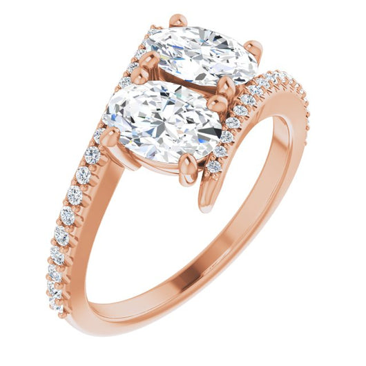 10K Rose Gold Customizable Double Oval Cut 2-stone Design with Ultra-thin Bypass Band and Pavé Enhancement