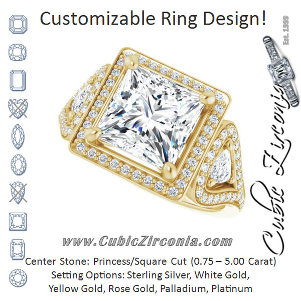 Cubic Zirconia Engagement Ring- The Cordelia (Customizable Cathedral-set Princess/Square Cut Design with 2 Trillion Cut Accents, Halo and Split-Shared Prong Band)